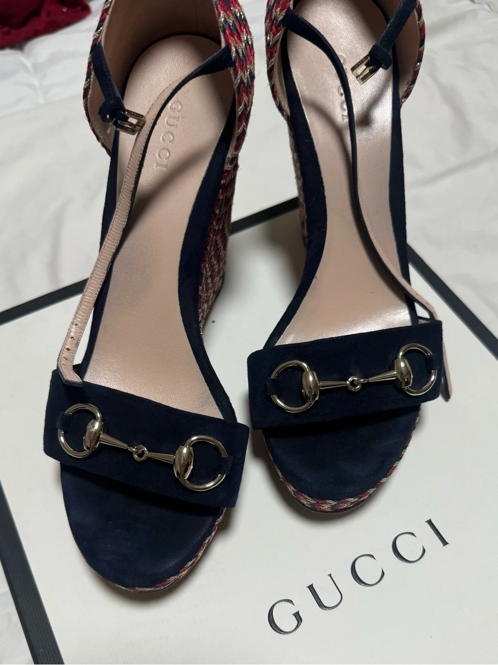 Gucci Navy Suede Horsebit Wedges with Multicolor Woven Sides